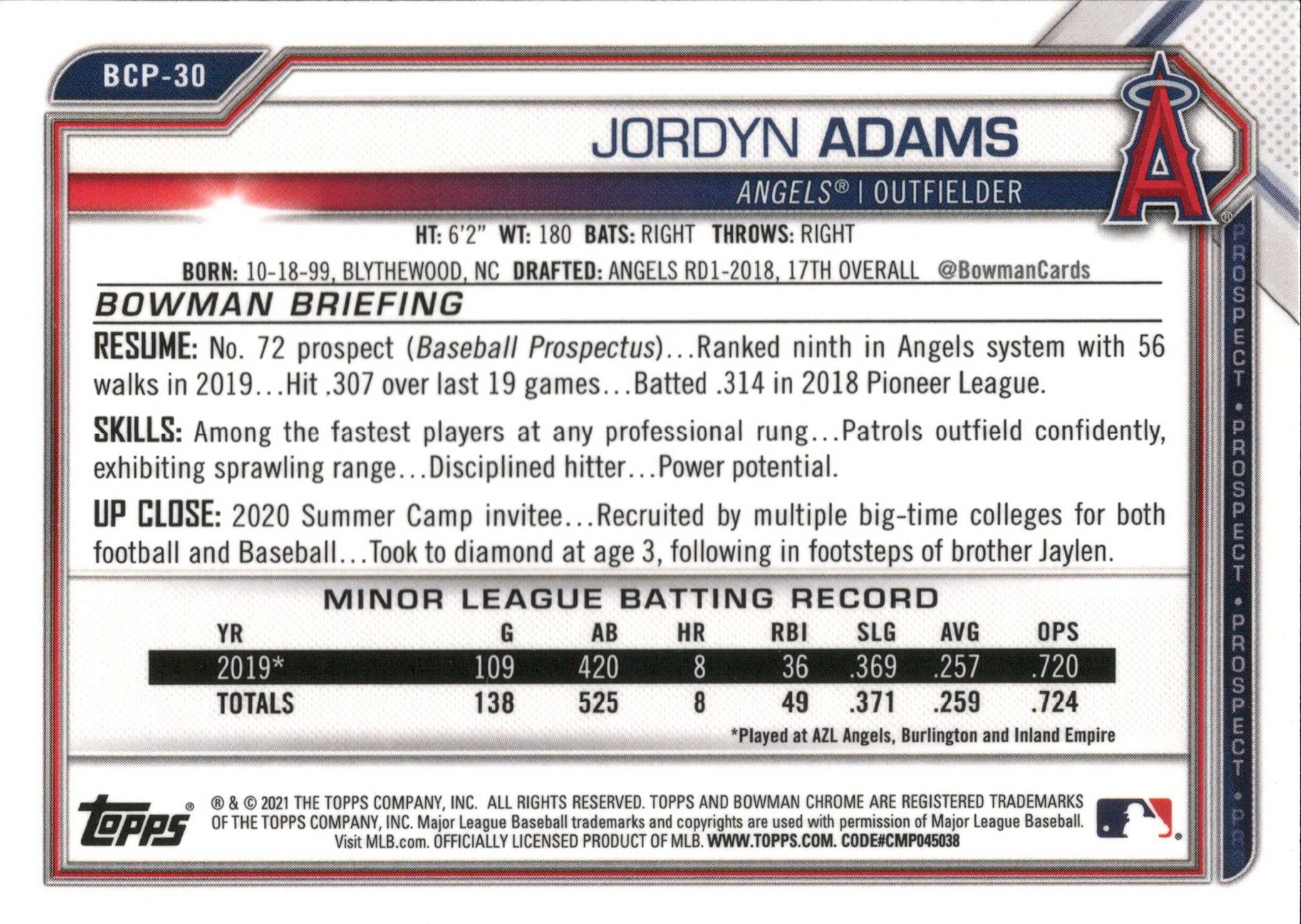 2021 Bowman Sapphire Edition #BCP-30 Jordyn Adams Los Angeles Angels