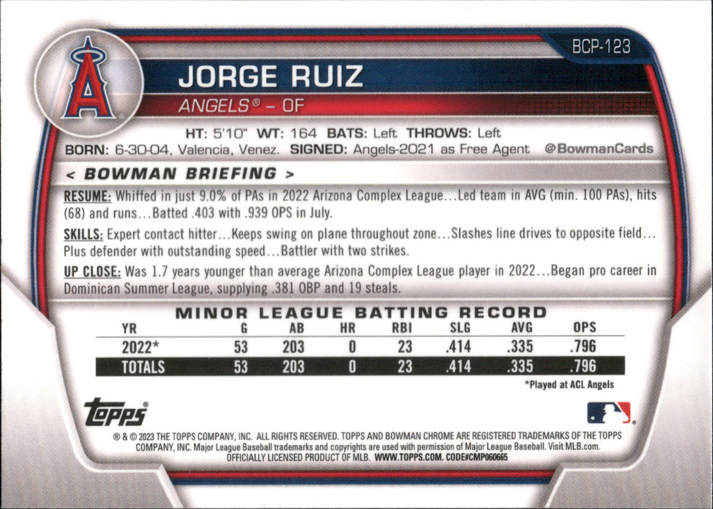 2023 Bowman Chrome Prospects #BCP-123 Jorge Ruiz Los Angeles Angels