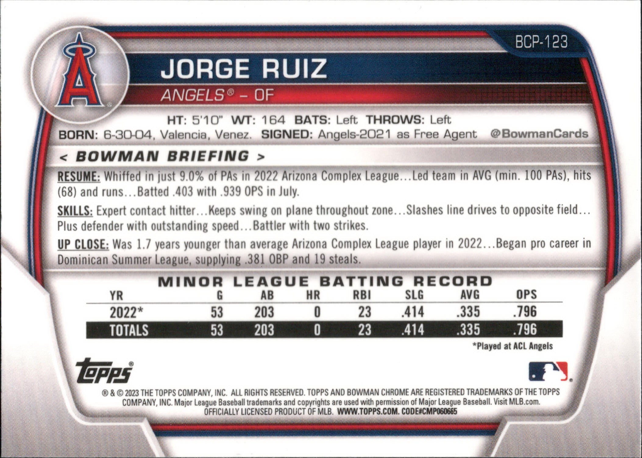 2023 Bowman Chrome Prospects #BCP-123 Jorge Ruiz Los Angeles Angels