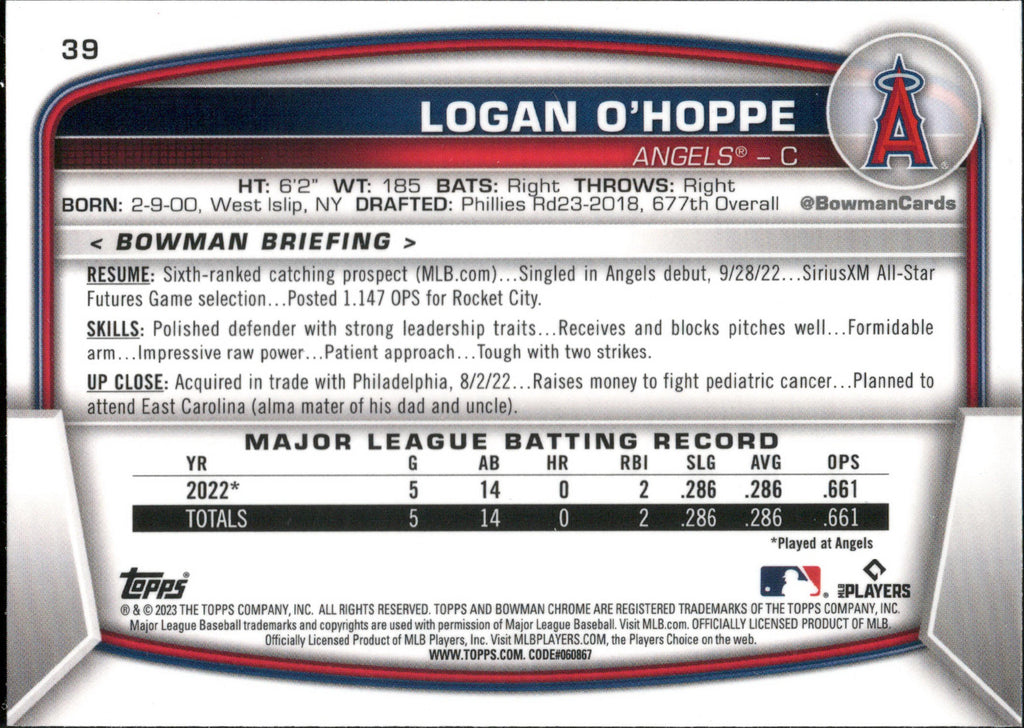 2023 Bowman Mojo Refractors #39 Logan O'Hoppe RC Los Angeles Angels