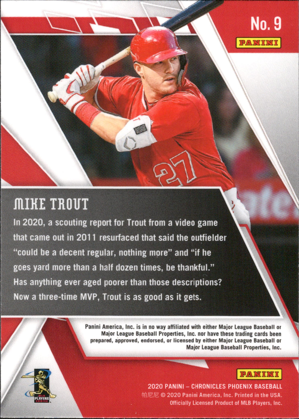 2020 Panini Chronicles Phoenix Holo #9 Mike Trout Los Angeles Angels