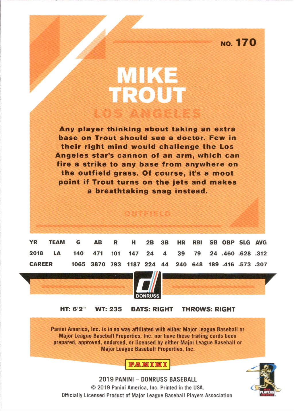 2019 Donruss : Throwing #170b Mike Trout Los Angeles Angels