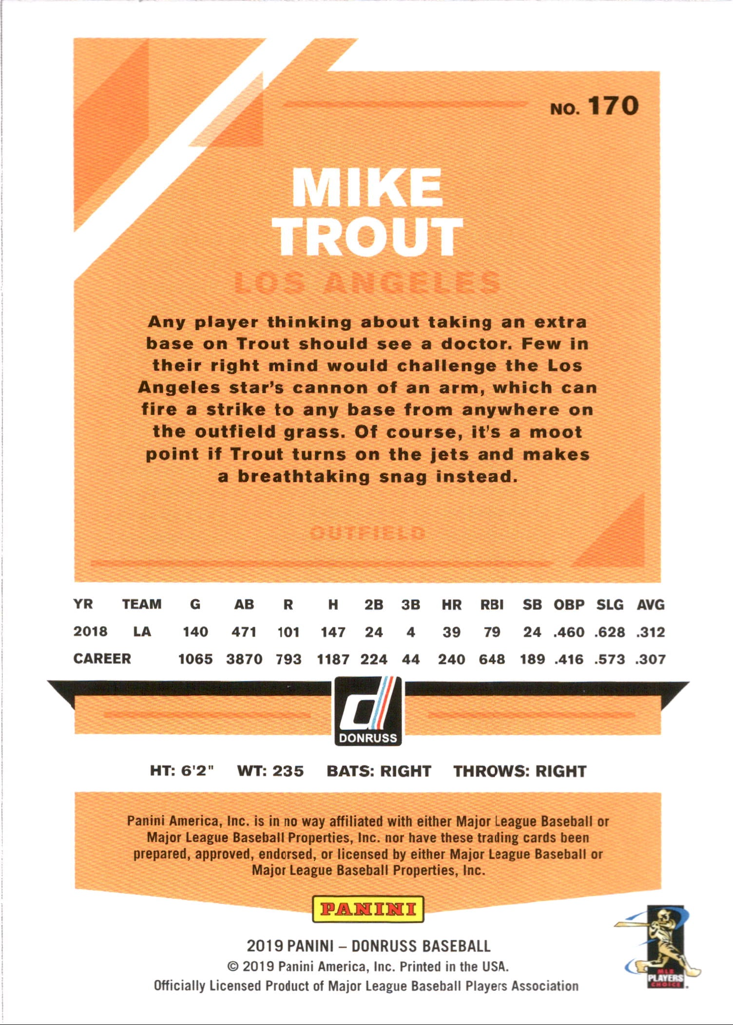 2019 Donruss : Throwing #170b Mike Trout Los Angeles Angels