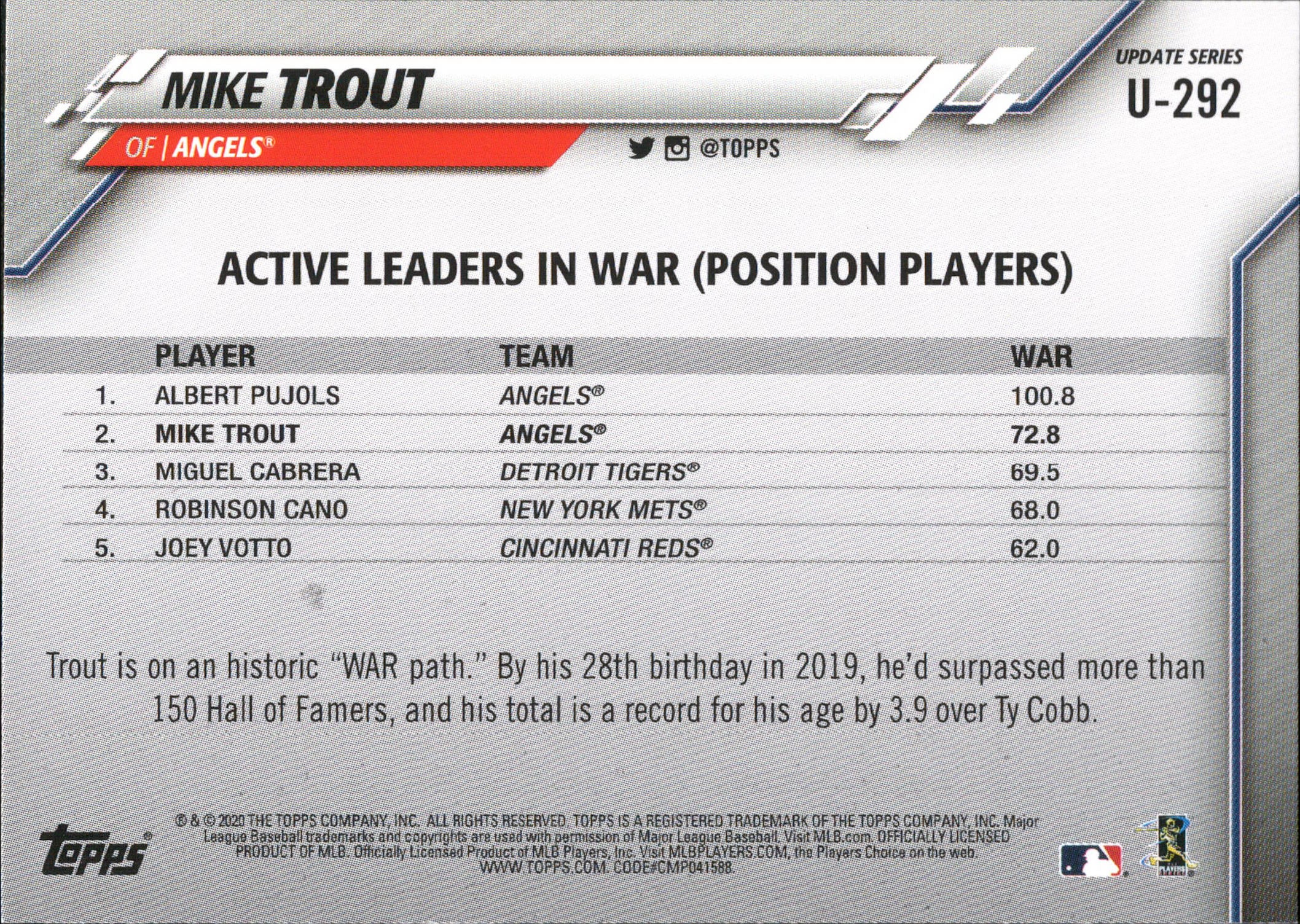 2020 Topps Update #U-292 Mike Trout Los Angeles Angels