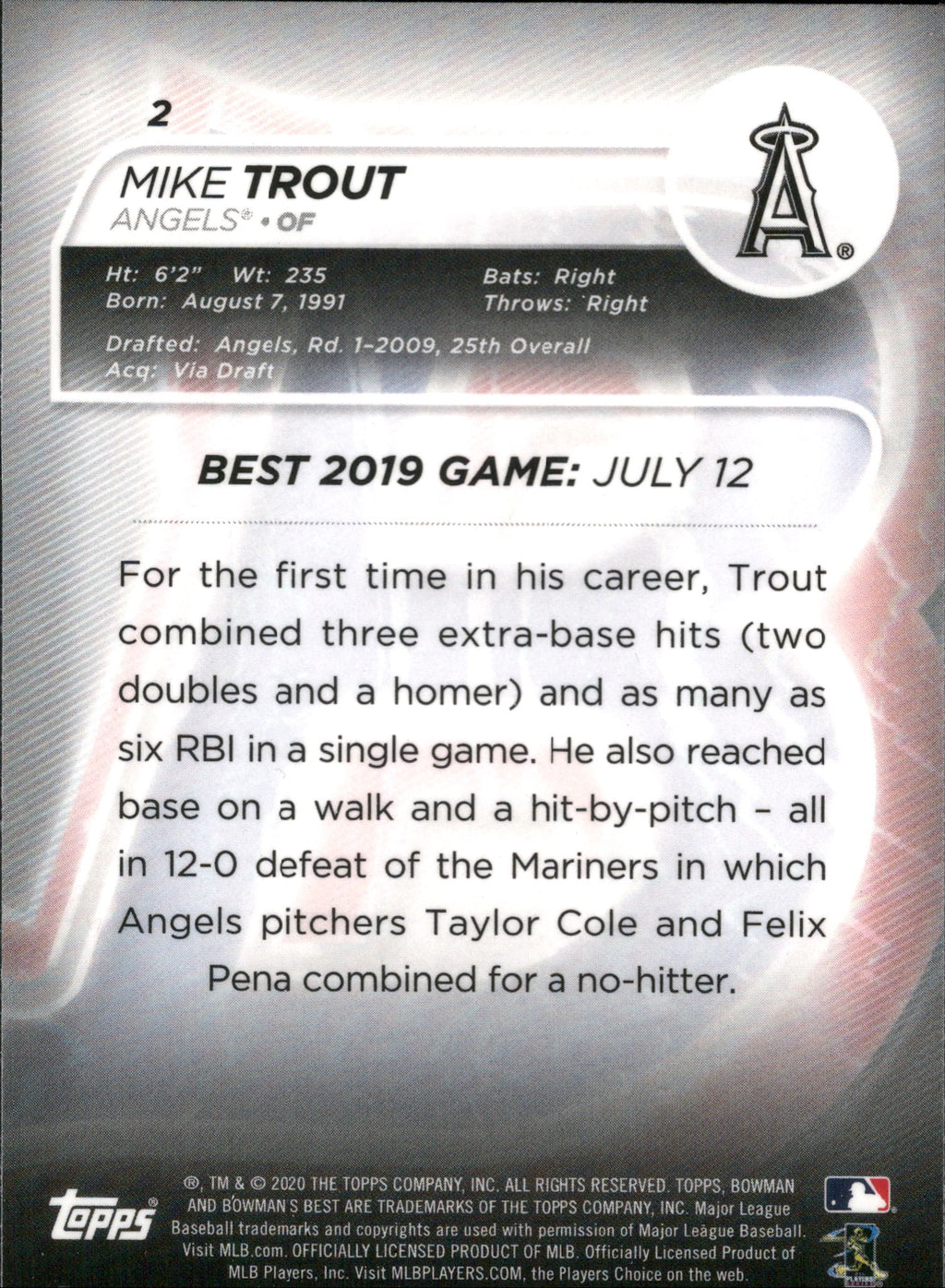 2020 Bowman's Best #2 Mike Trout Los Angeles Angels