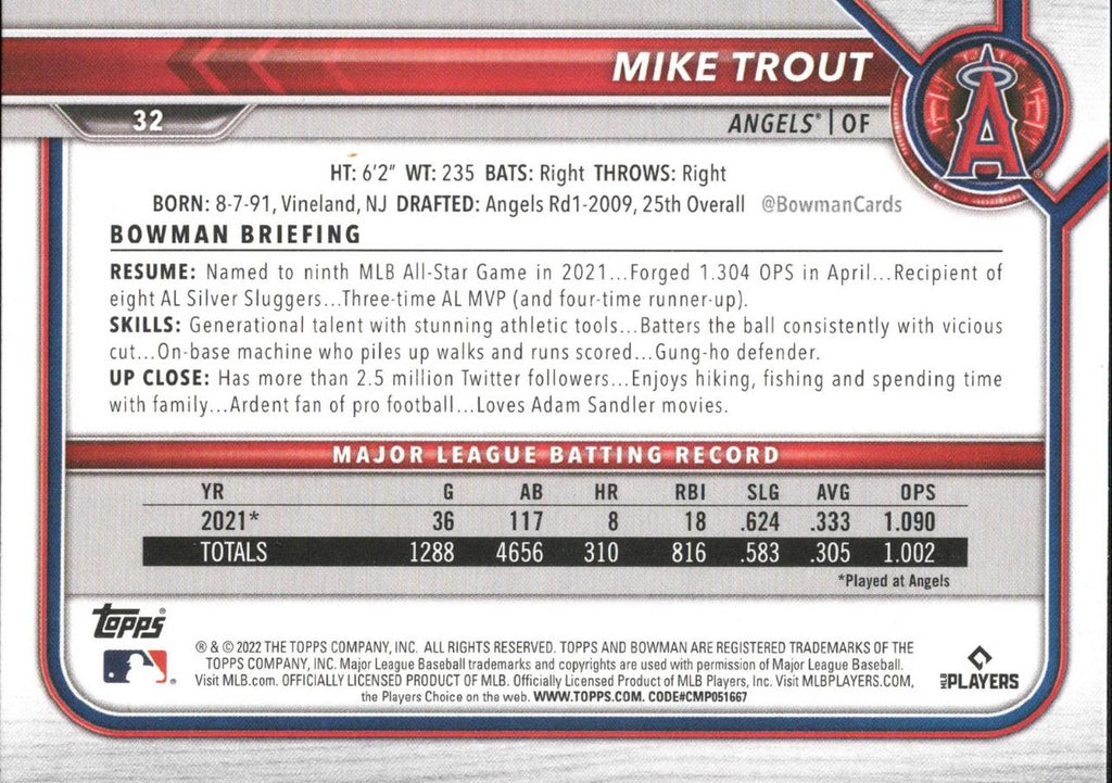 2022 Bowman #32 Mike Trout Los Angeles Angels