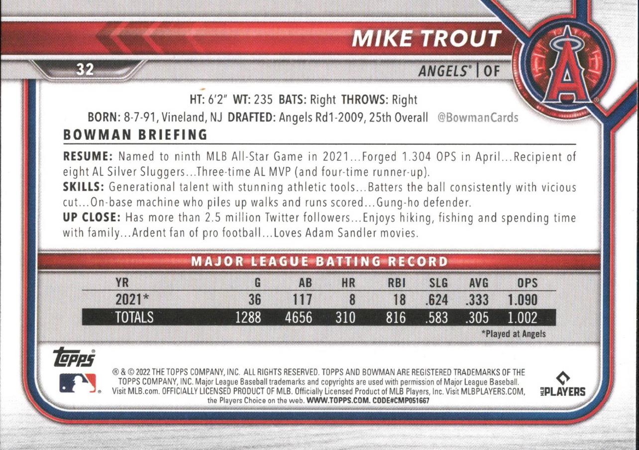 2022 Bowman #32 Mike Trout Los Angeles Angels