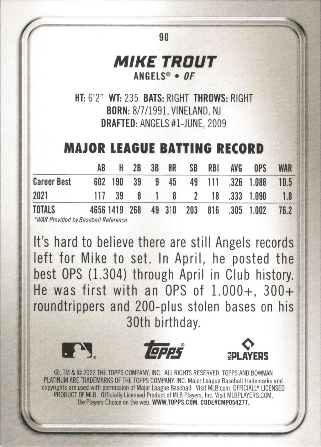 2022 Bowman Platinum #90 Mike Trout Los Angeles Angels
