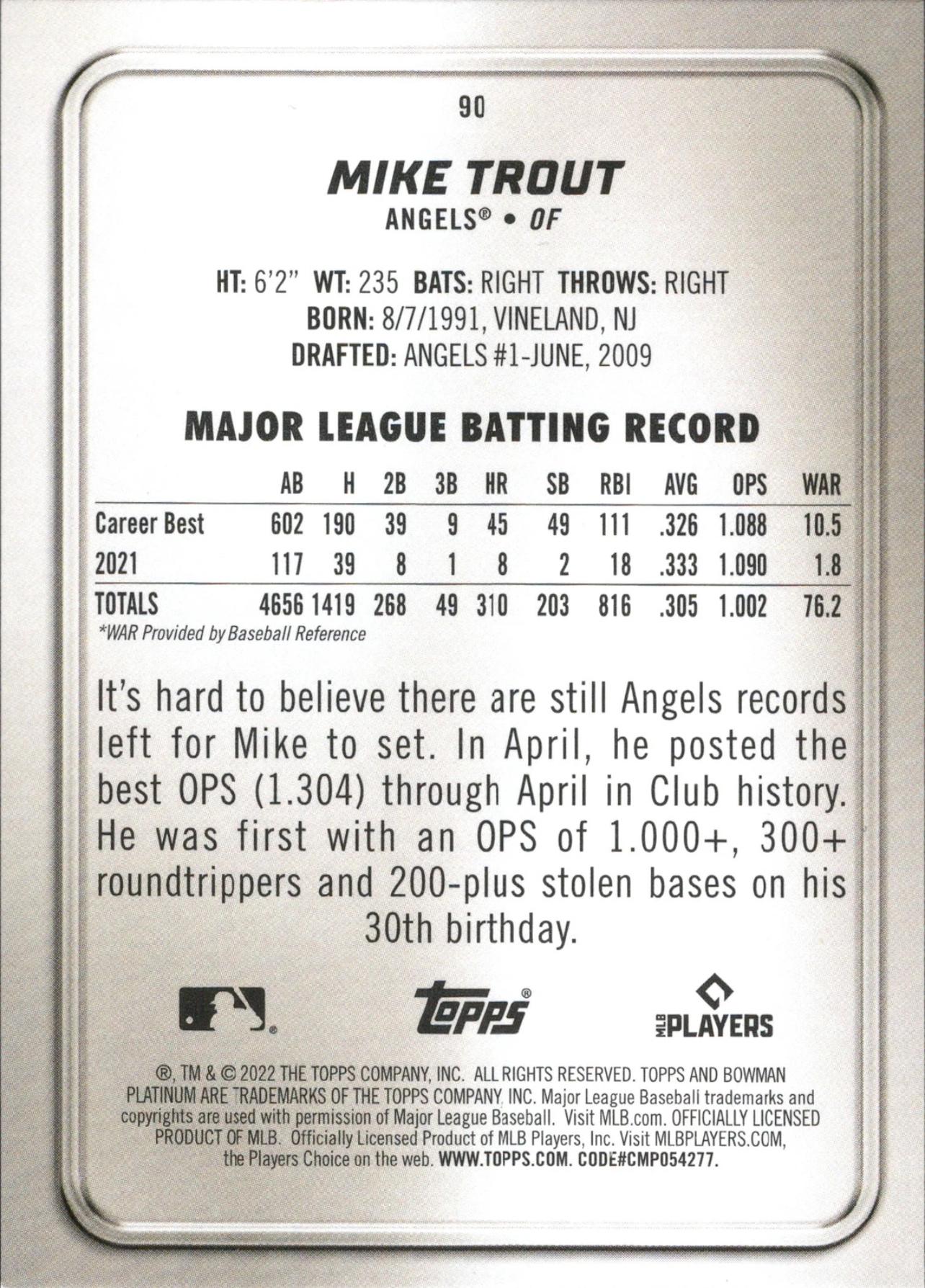2022 Bowman Platinum #90 Mike Trout Los Angeles Angels