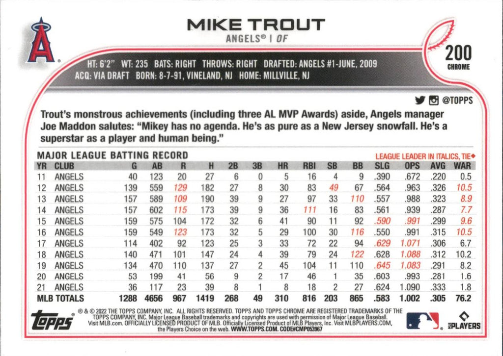 2022 Topps Chrome #200 Mike Trout Los Angeles Angels