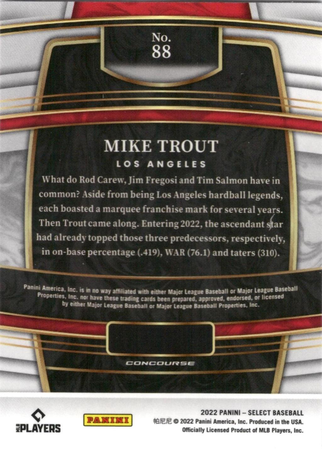 2022 Panini Select #88 Mike Trout Los Angeles Angels