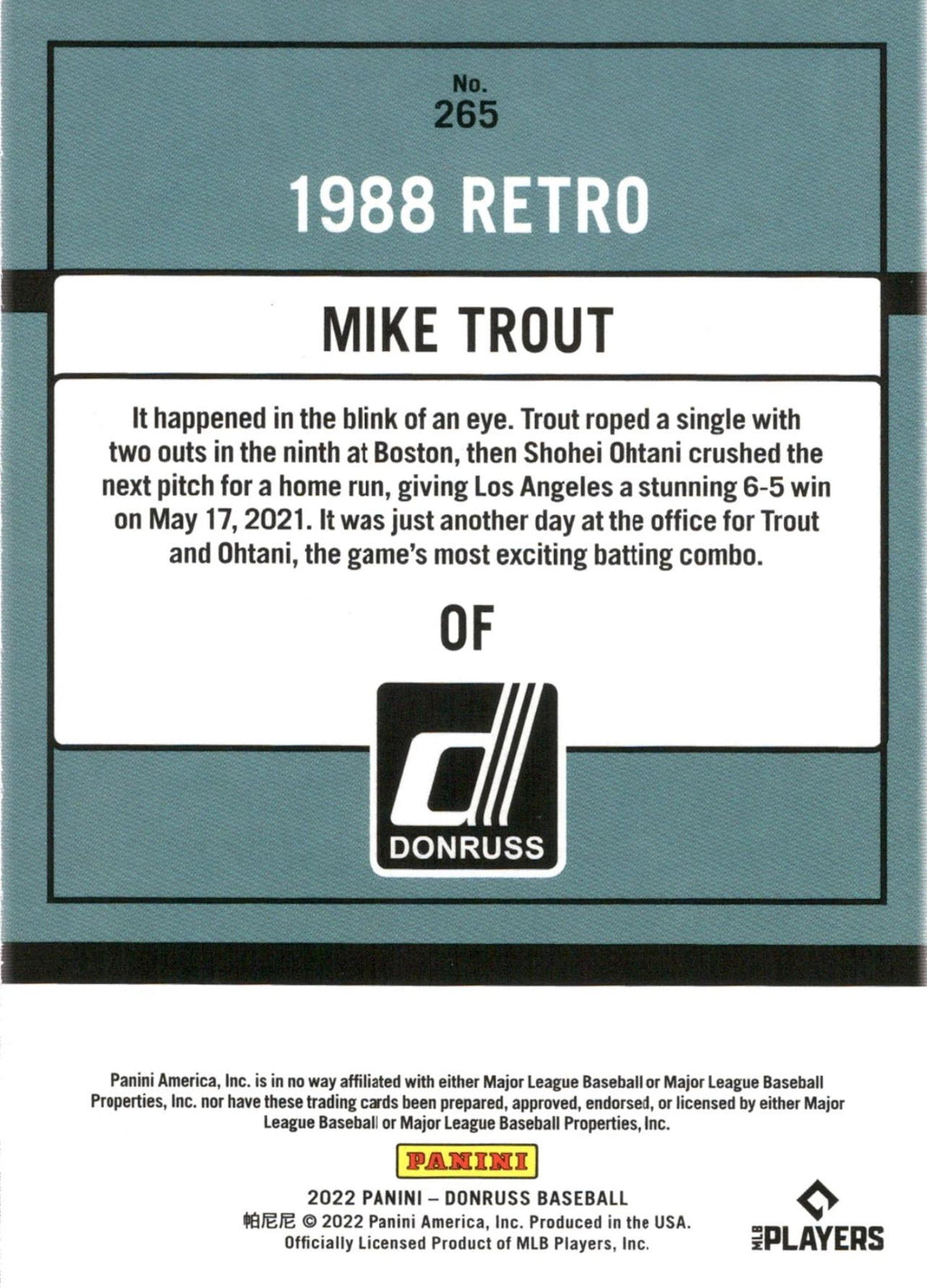 2022 Donruss #265 Mike Trout Los Angeles Angels