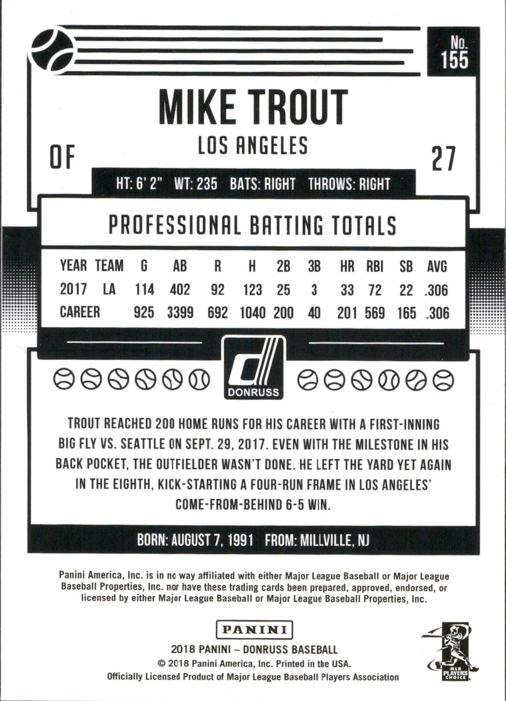 2018 Donruss Name VAR #155b Mike Trout Los Angeles Angels