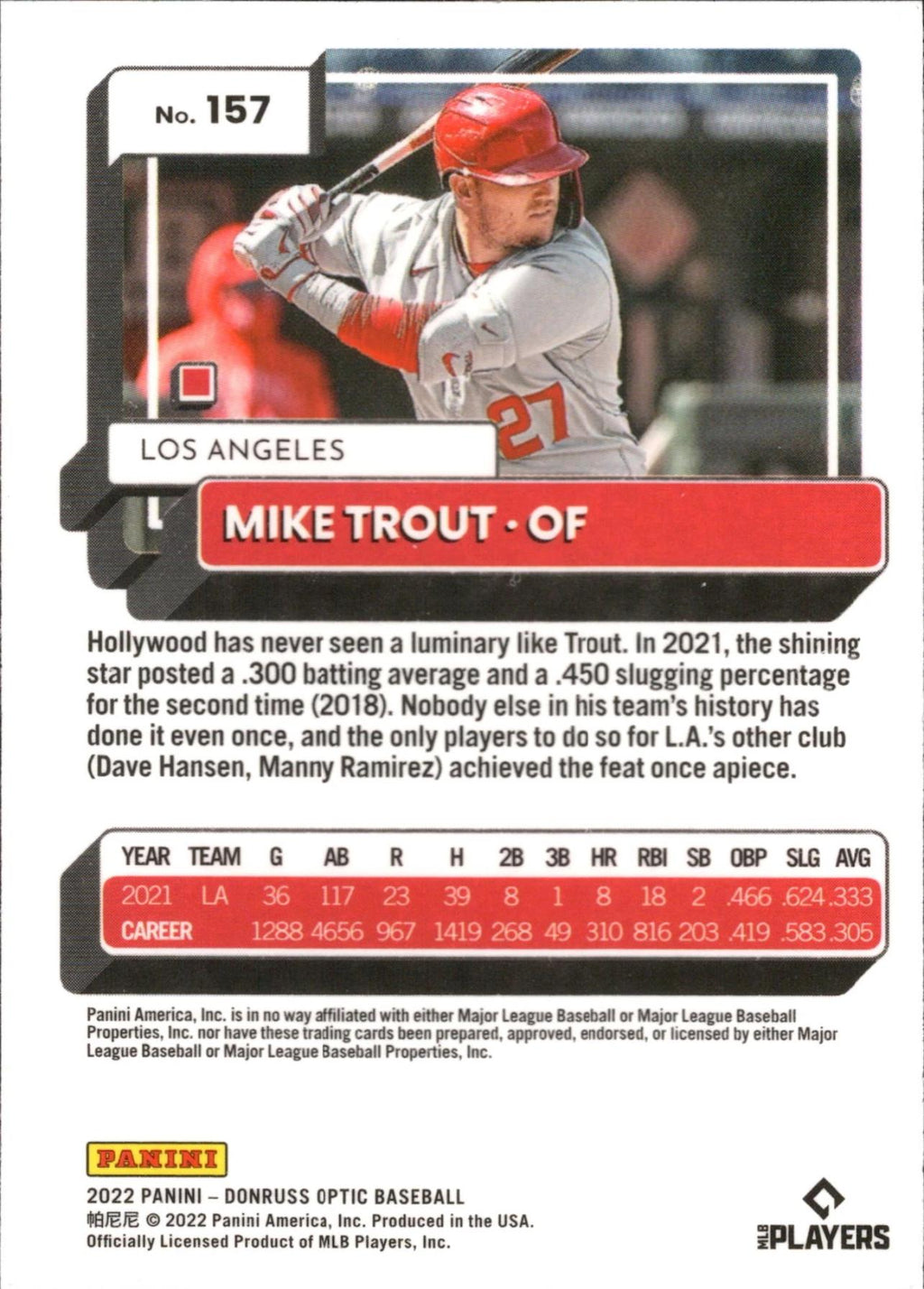 2022 Donruss Optic #157 Mike Trout Los Angeles Angels
