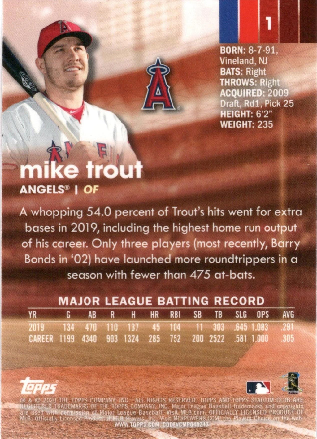 2020 Stadium Club Chrome #1 Mike Trout Los Angeles Angels