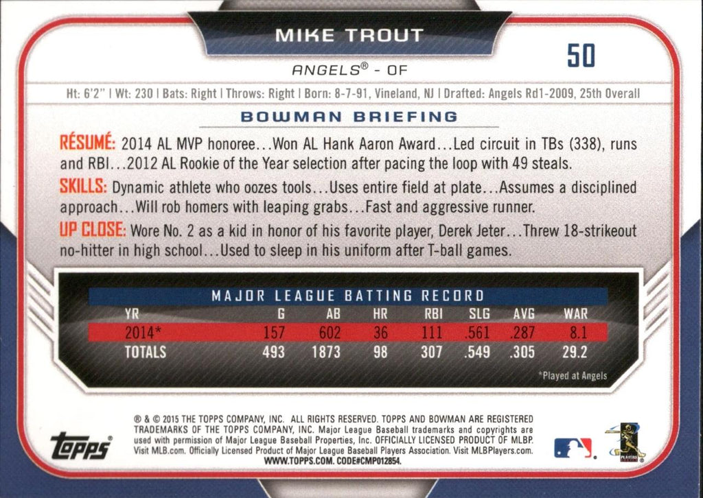 2015 Bowman #50 Mike Trout Los Angeles Angels