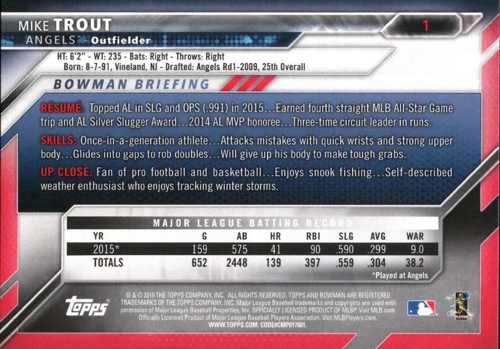 2016 Bowman #1 Mike Trout Los Angeles Angels