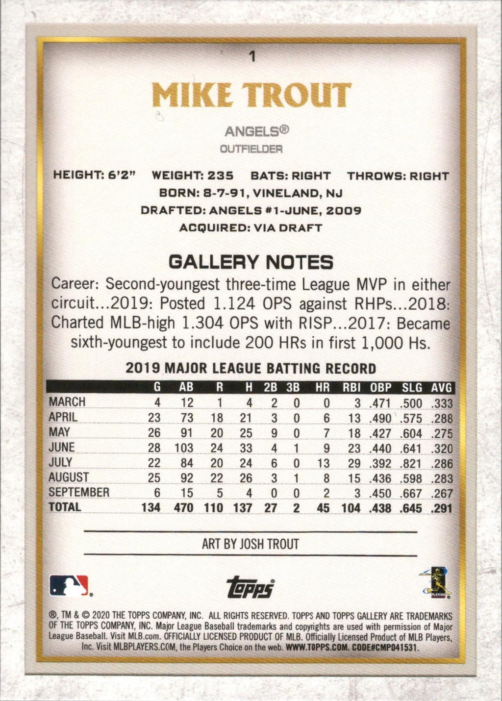2020 Topps Gallery #1 Mike Trout Los Angeles Angels