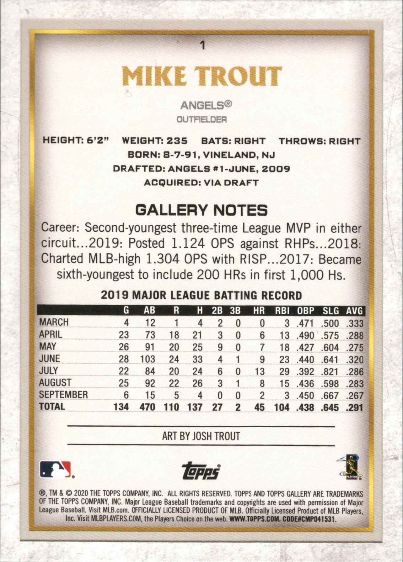 2020 Topps Gallery #1 Mike Trout Los Angeles Angels