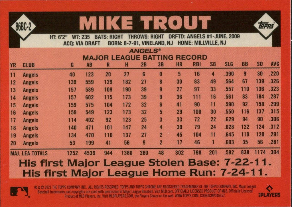 2021 Topps Chrome 1986 Topps Baseball 35th Anniversary #86BC-2 Mike Trout Angels
