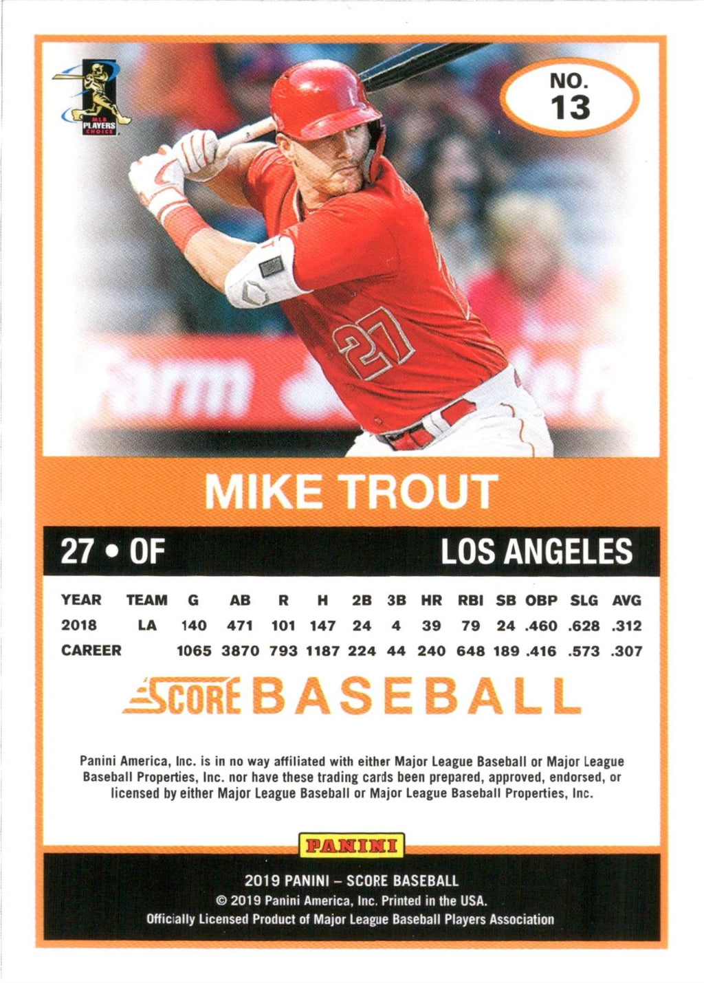 2019 Panini Chronicles Score #13 Mike Trout Los Angeles Angels