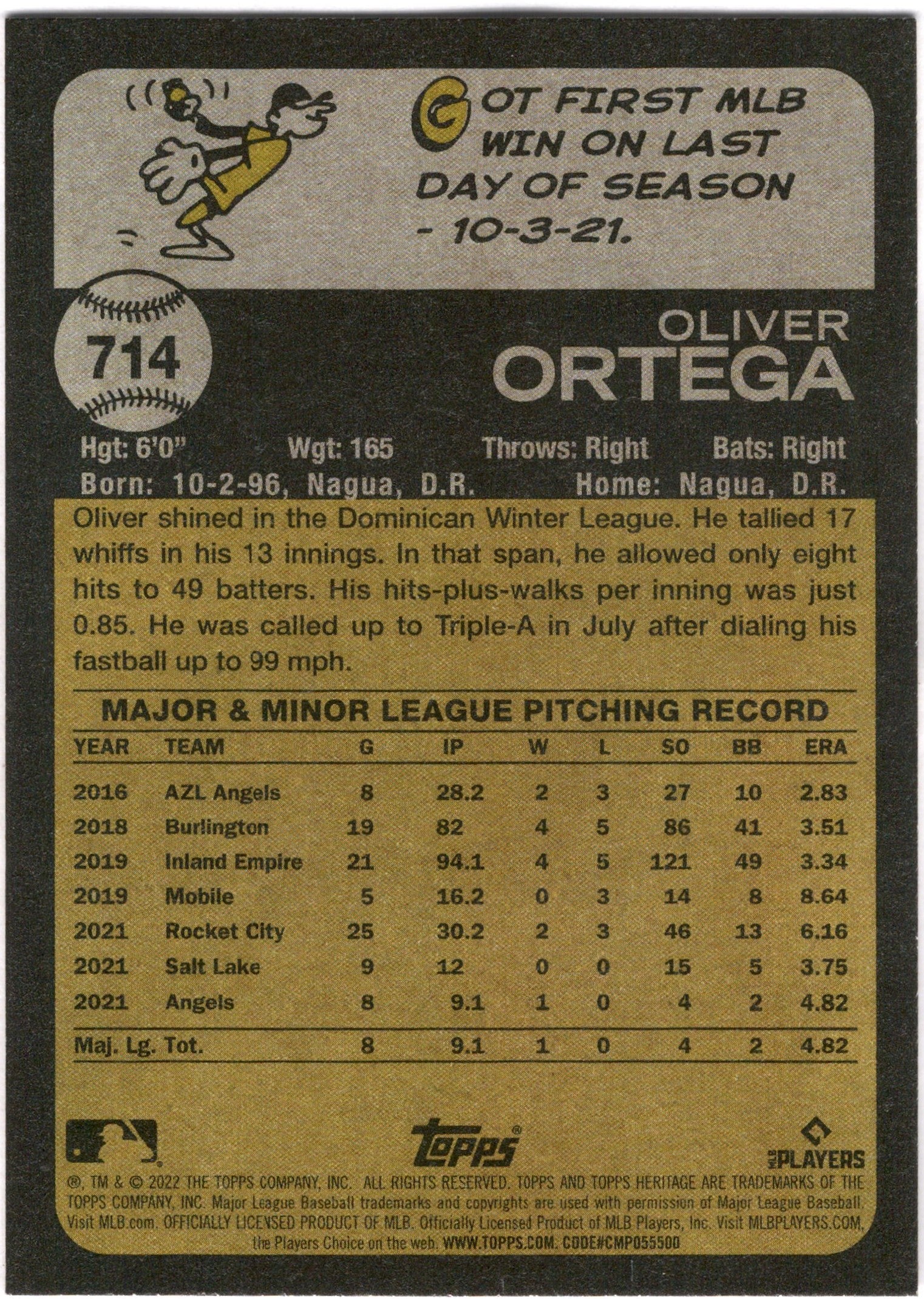 2022 Topps Heritage #714 Oliver Ortega RC Los Angeles Angels