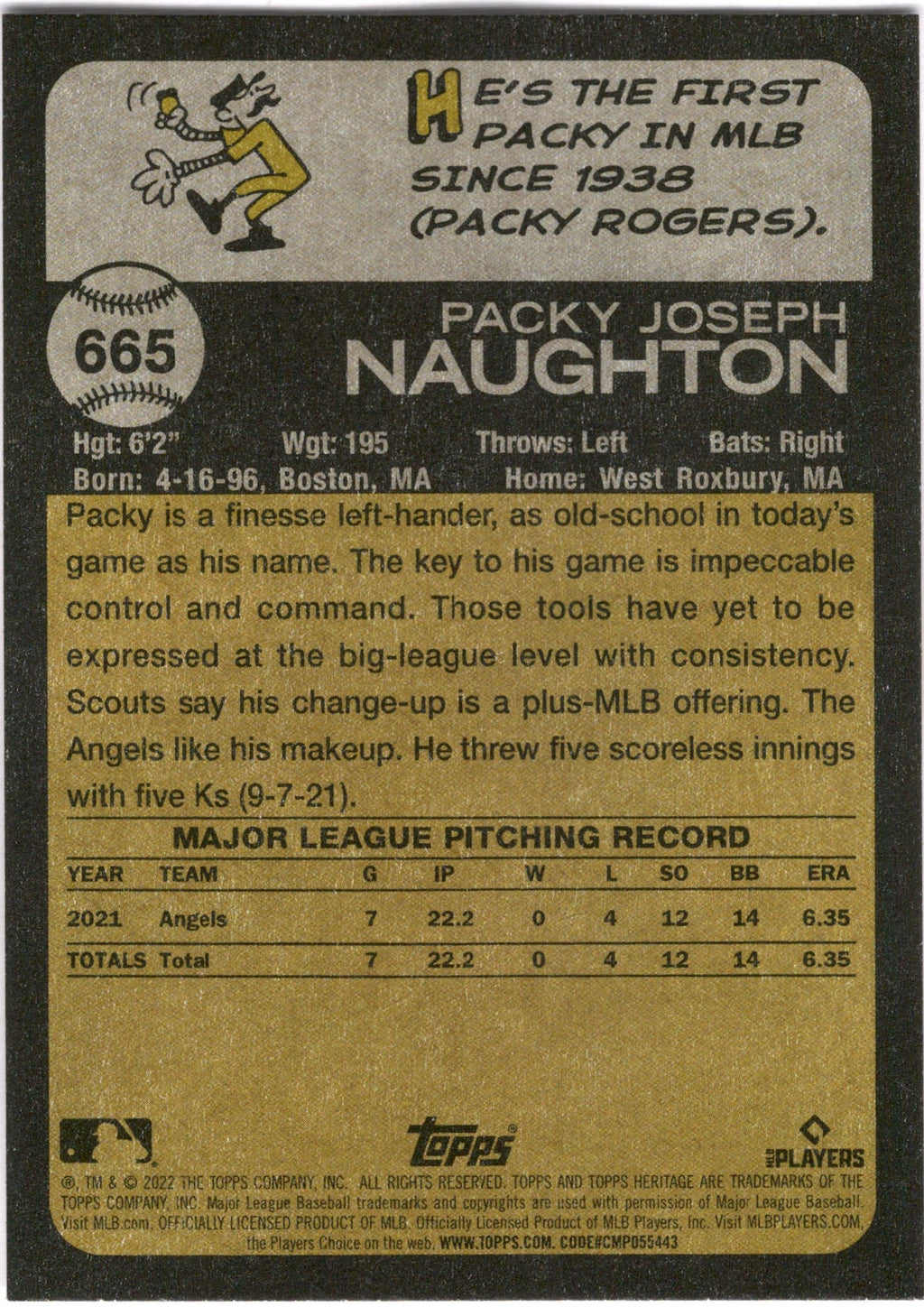 2022 Topps Heritage #665 Packy Naughton RC Los Angeles Angels