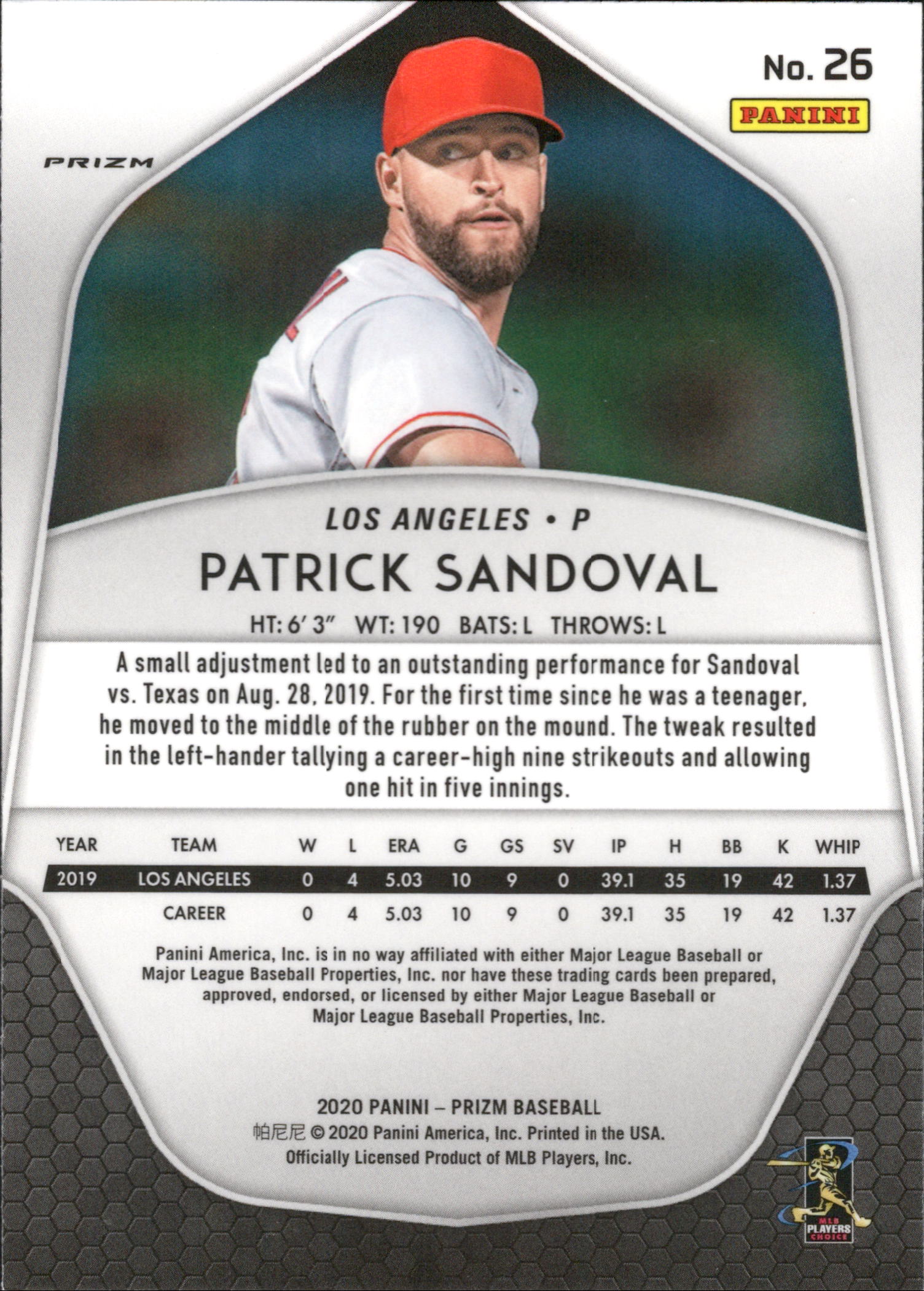2020 Panini Prizm Silver Prizm #26 Patrick Sandoval RC Los Angeles Angels