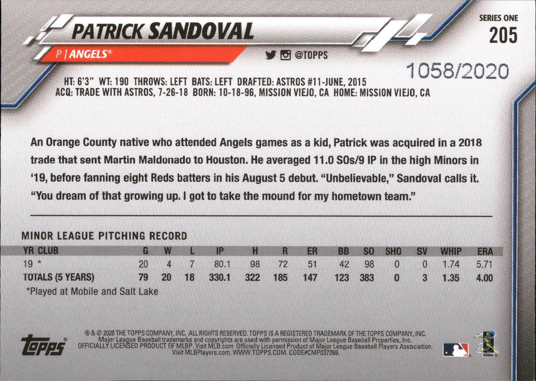 2020 Topps Gold #205 Patrick Sandoval RC #/2020 Los Angeles Angels