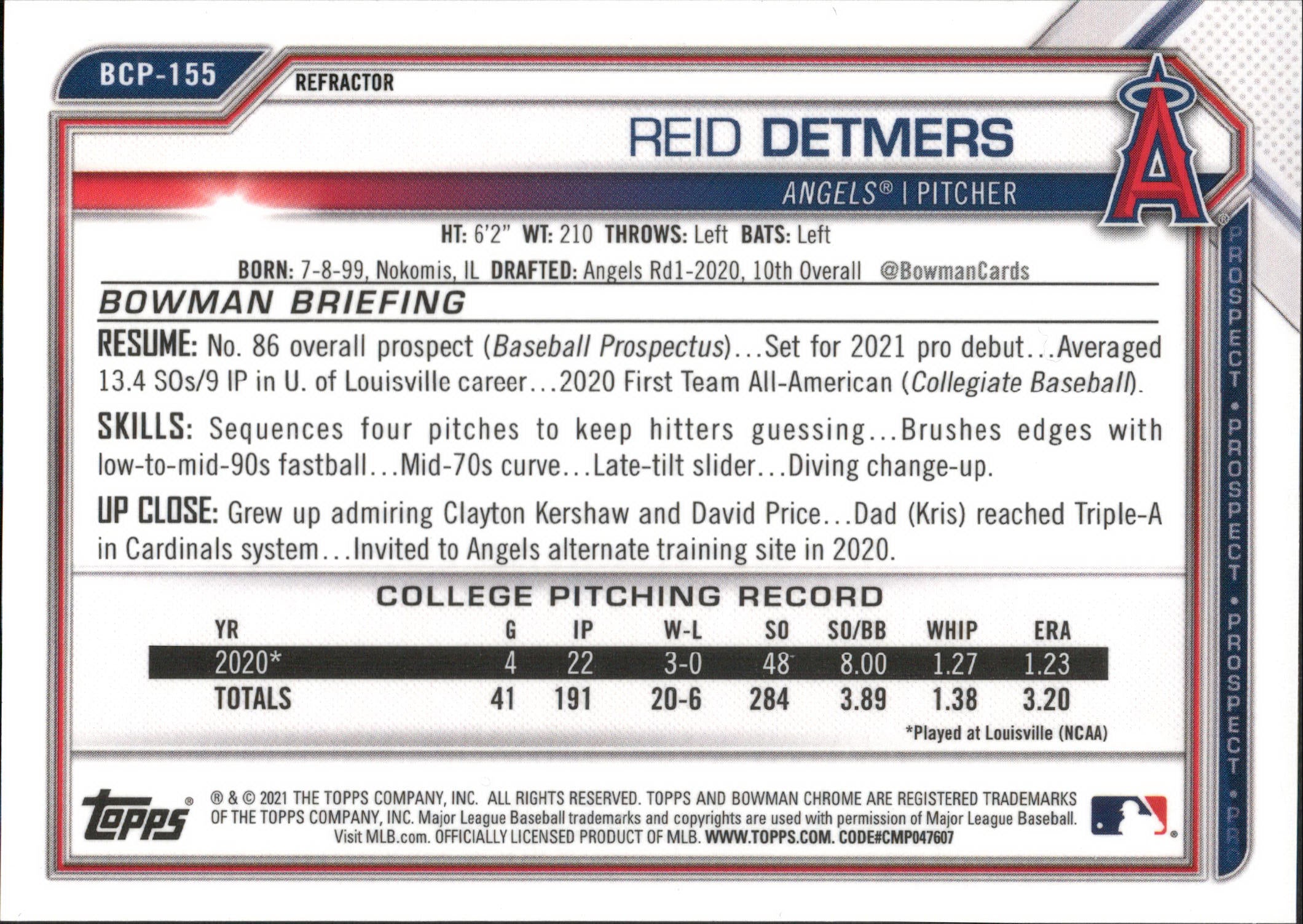 2021 Bowman Chrome Prospects Refractor #BCP-155 Reid Detmers #/499 Angels