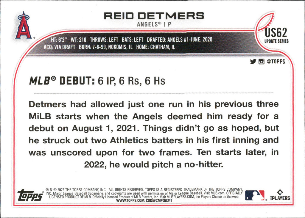 2022 Topps Update #US62 Reid Detmers ,RC Los Angeles Angels