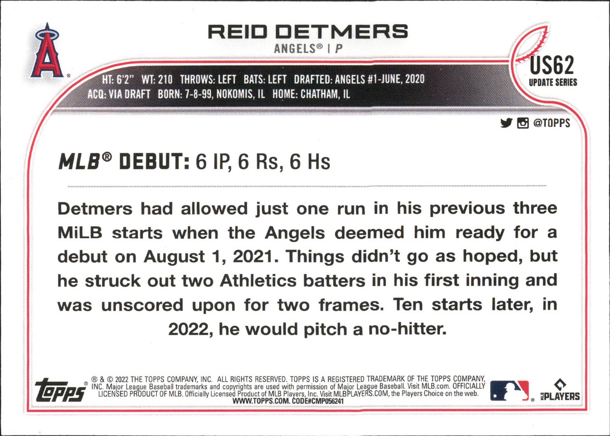 2022 Topps Update #US62 Reid Detmers ,RC Los Angeles Angels