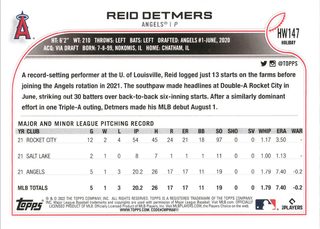 2022 Topps Holiday #HW147 Reid Detmers RC Los Angeles Angels