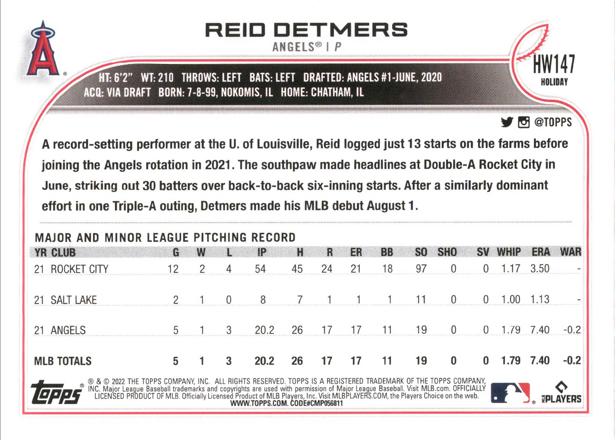 2022 Topps Holiday #HW147 Reid Detmers RC Los Angeles Angels