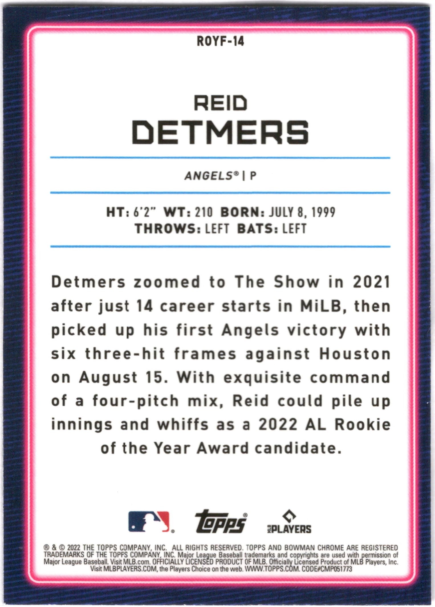 2022 Bowman Rookie of the Year Favorites Refractors #ROYF-14 Reid Detmers Angels