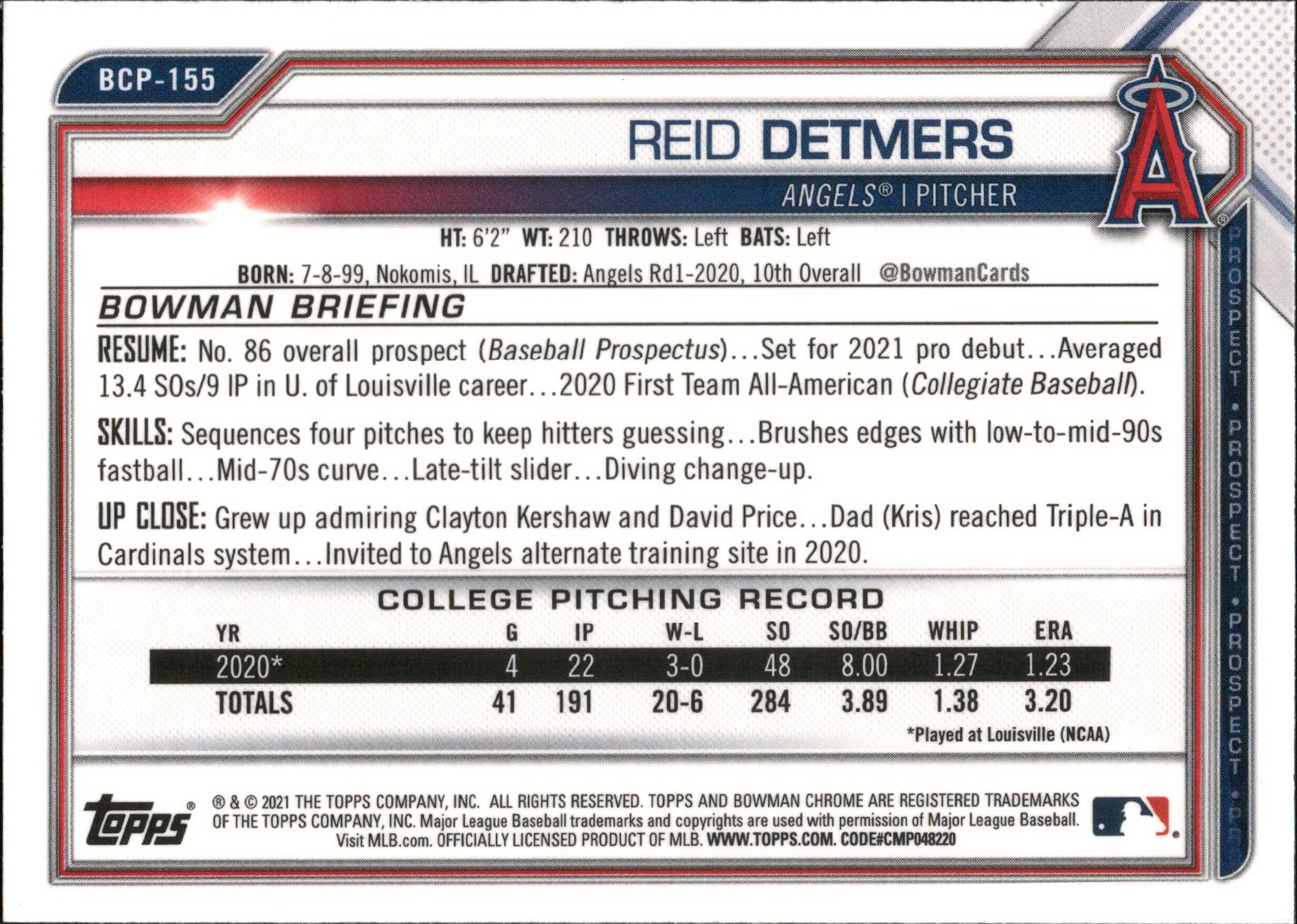 2021 Bowman Chrome Prospects Mojo Refractor #BCP-155 Reid Detmers Angels