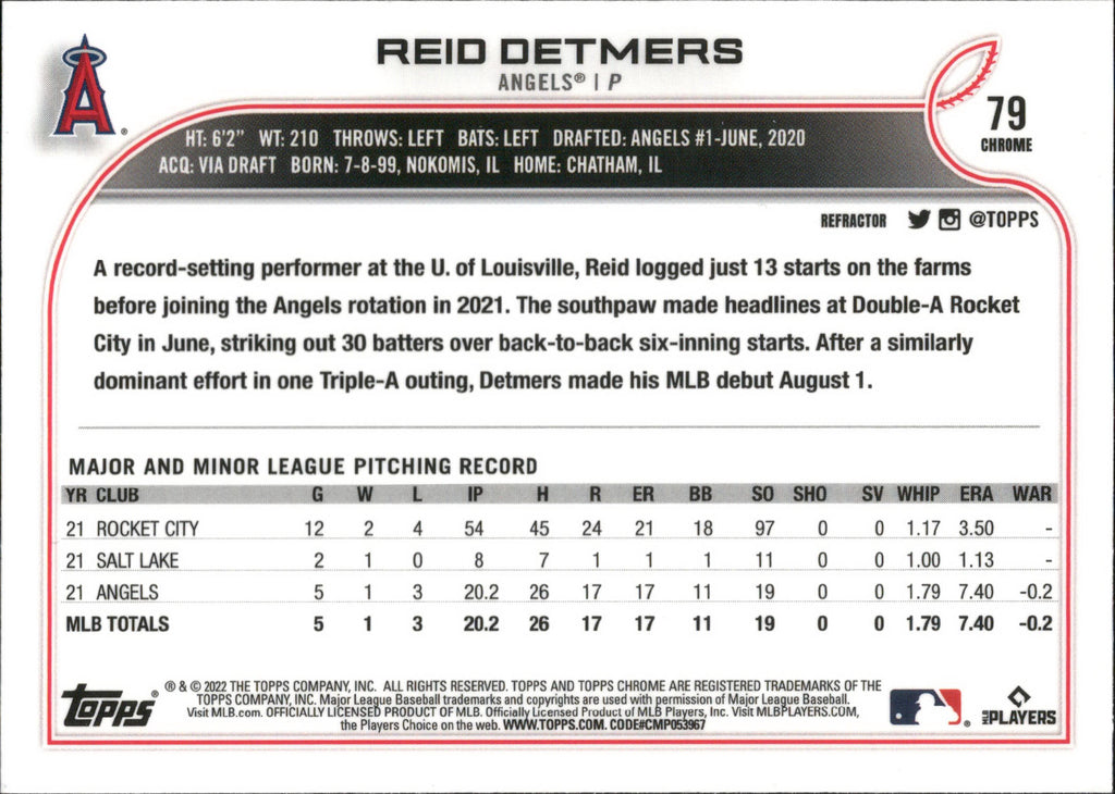 2022 Topps Chrome Refractor #79 Reid Detmers ,RC Los Angeles Angels