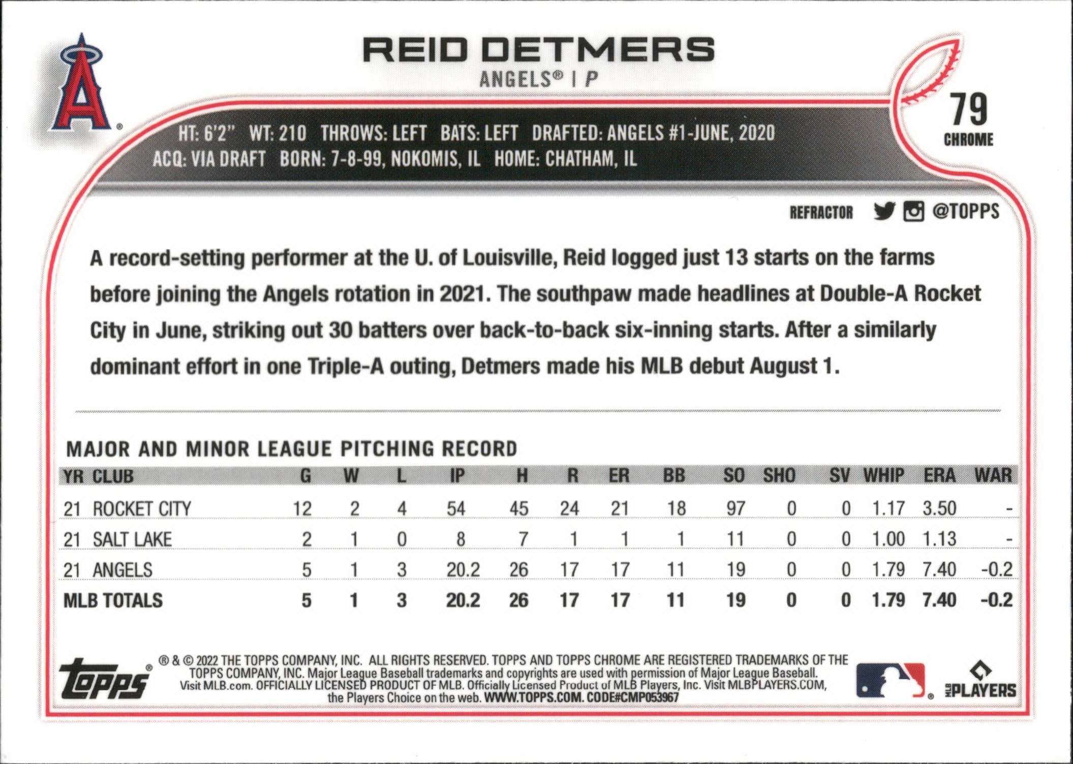 2022 Topps Chrome Refractor #79 Reid Detmers ,RC Los Angeles Angels