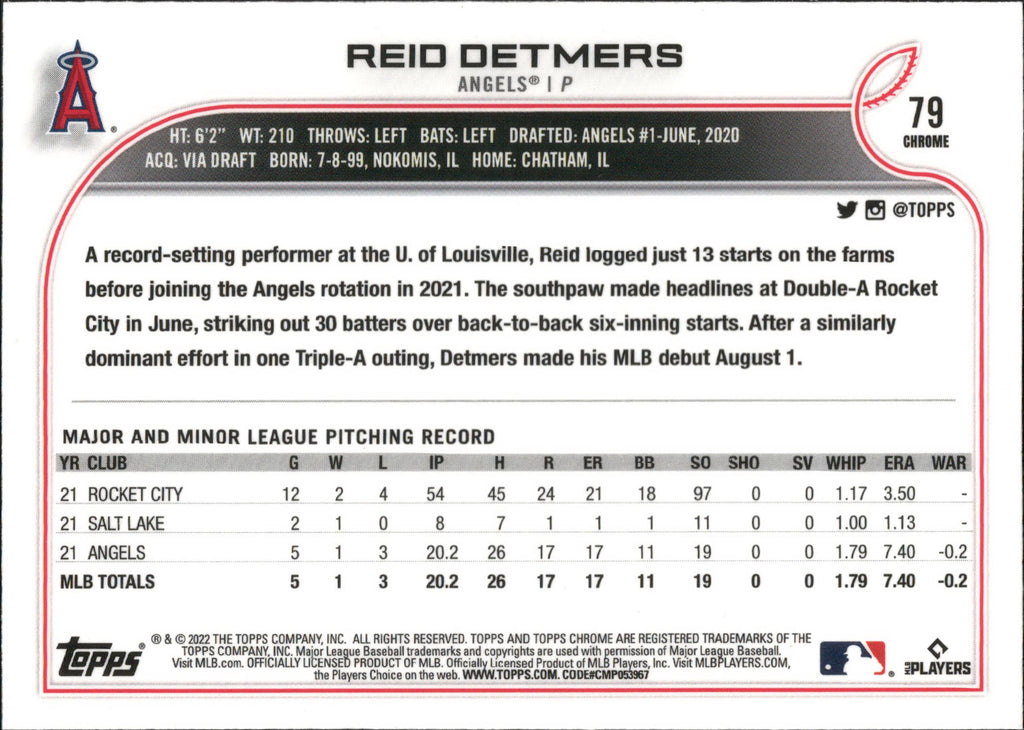 2022 Topps Chrome #79 Reid Detmers RC Los Angeles Angels