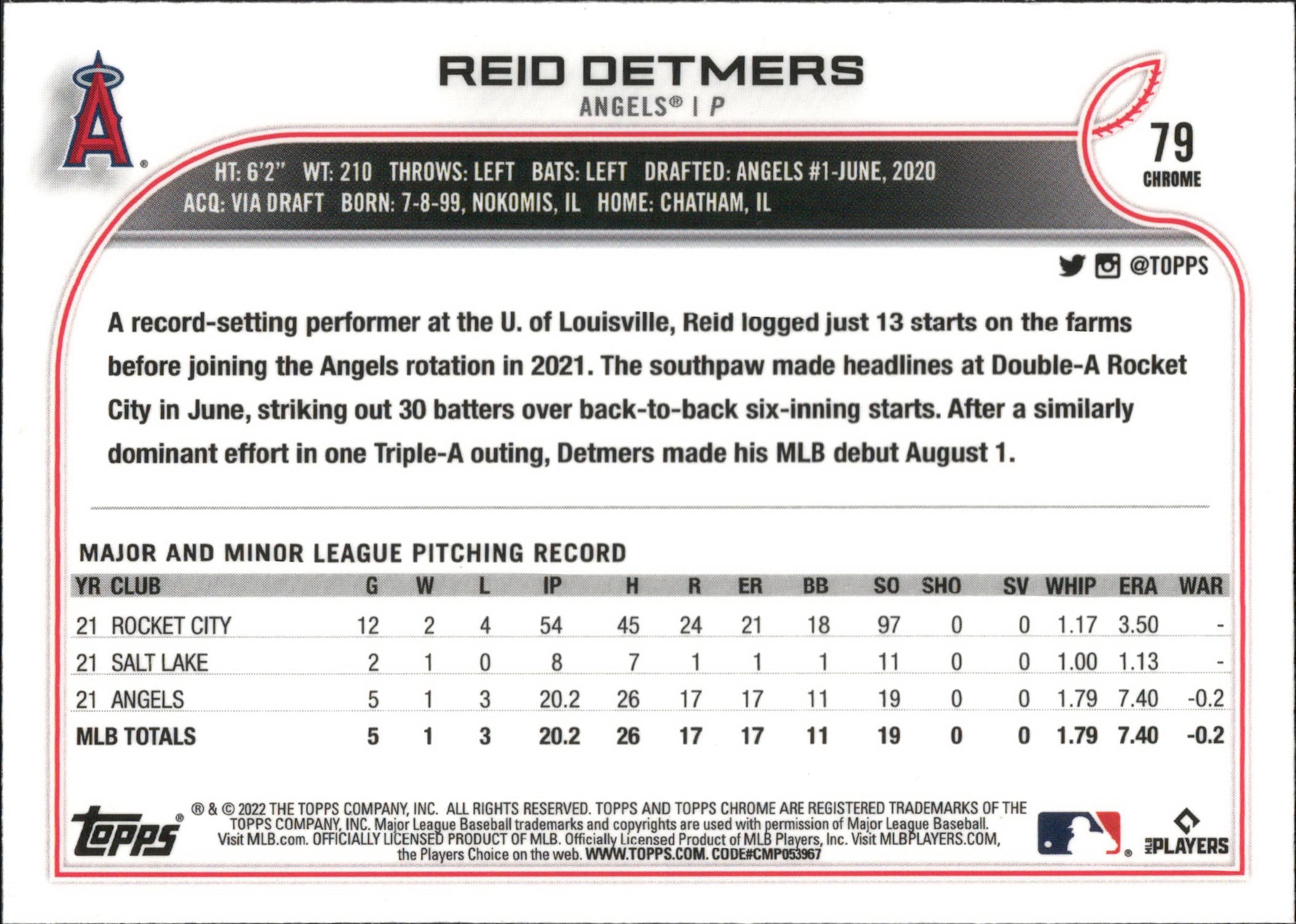 2022 Topps Chrome #79 Reid Detmers RC Los Angeles Angels