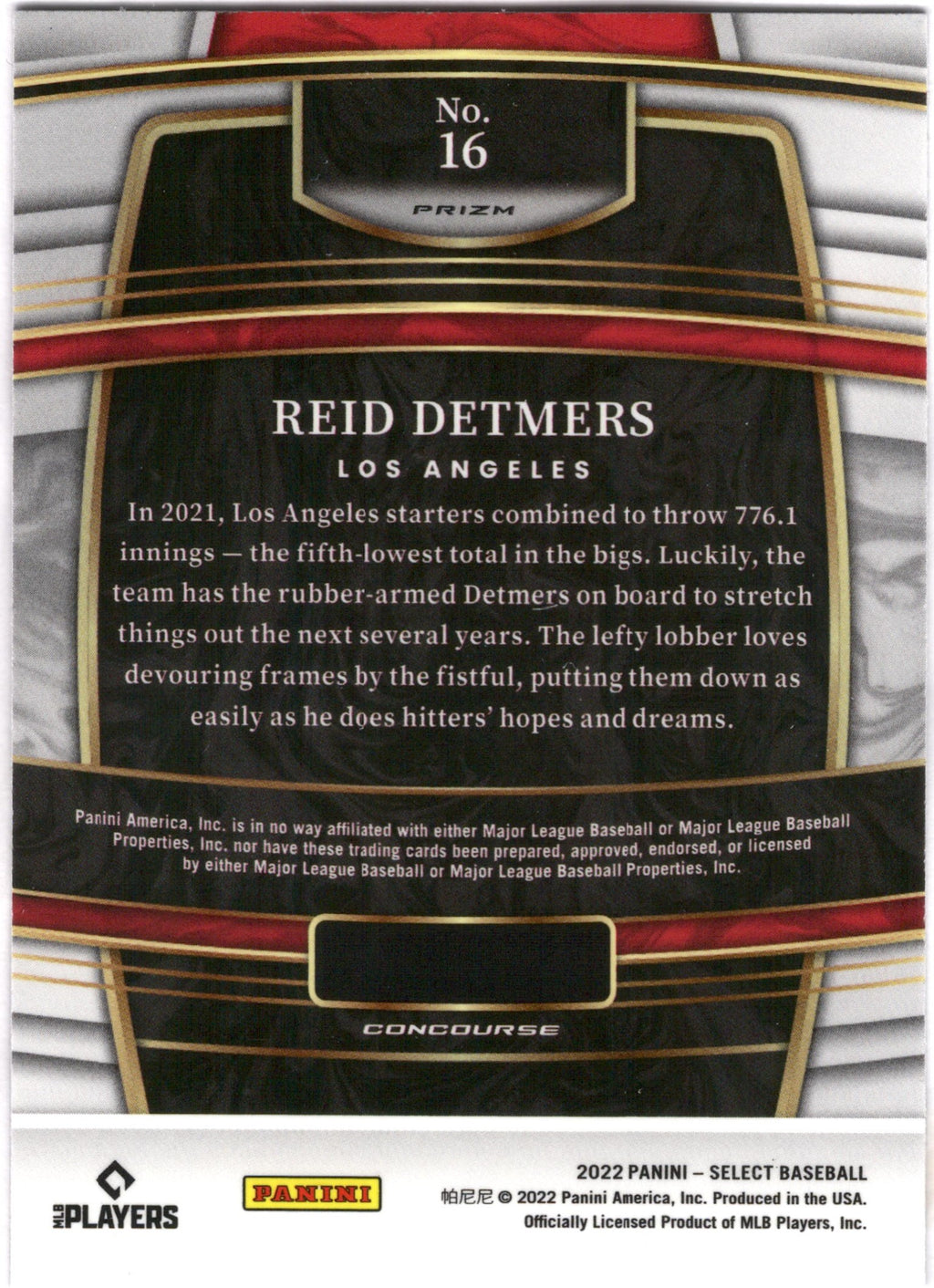 2022 Panini Select Tri-Color #16 Reid Detmers RC Los Angeles Angels