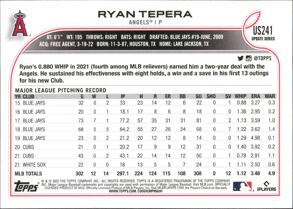 2022 Topps Update Gold Foil #US241 Ryan Tepera Los Angeles Angels