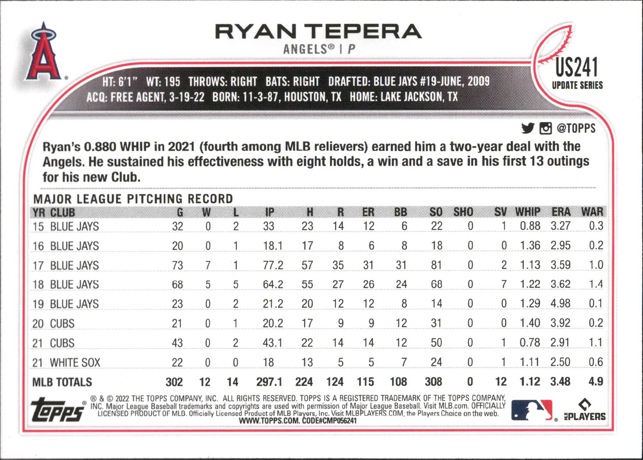 2022 Topps Update Gold Foil #US241 Ryan Tepera Los Angeles Angels