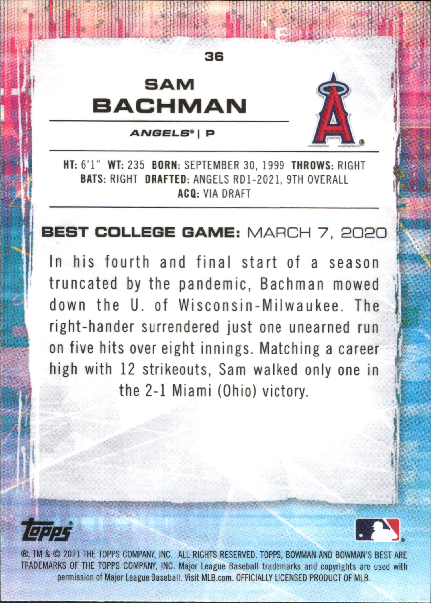 2021 Bowman's Best Atomic Refractor #36 Sam Bachman Los Angeles Angels