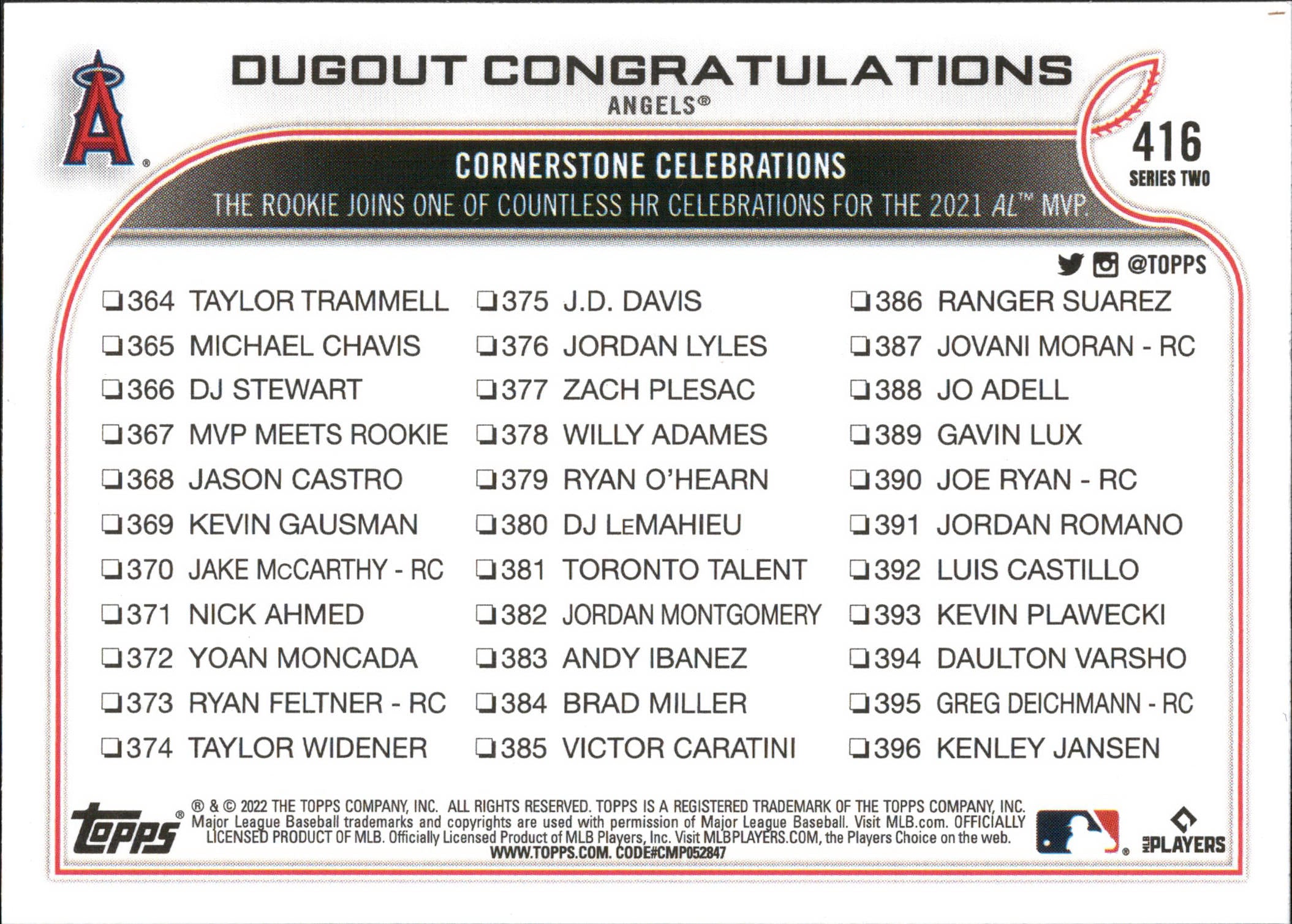 2022 Topps #416 Dugout Congratulations Los Angeles Angels