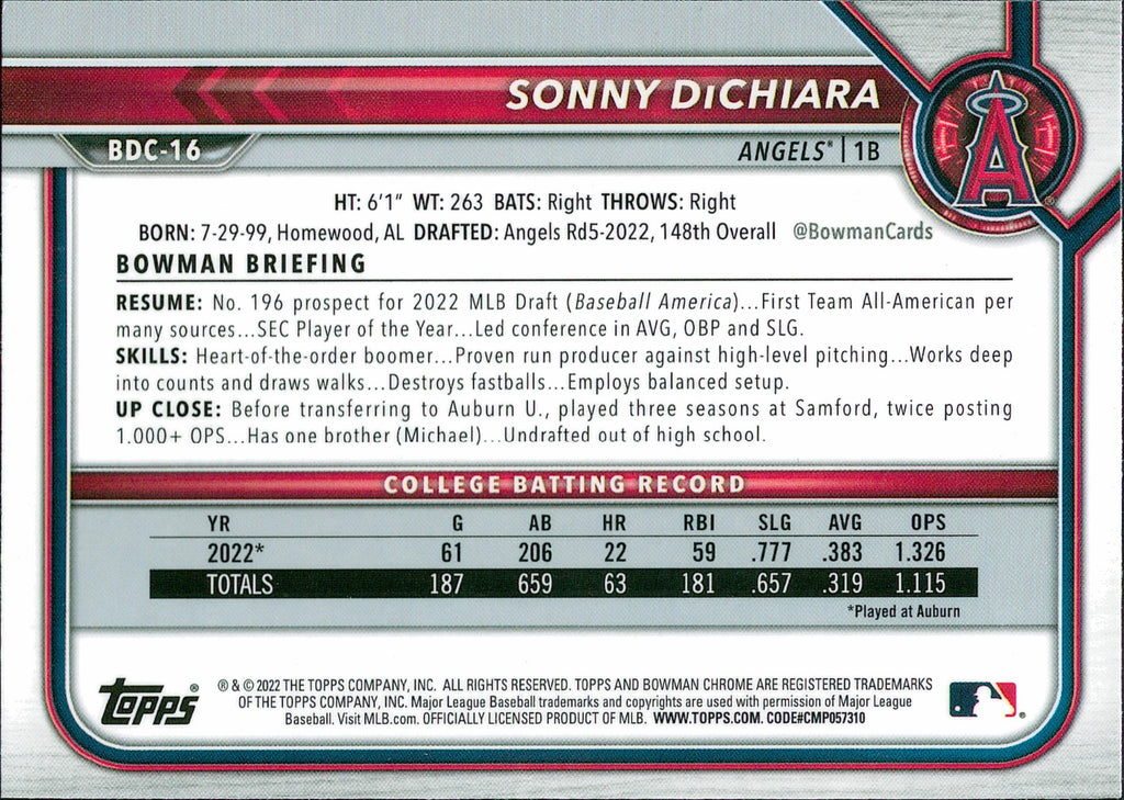 2022 Bowman Draft Chrome #BDC-16 Sonny DiChiara Los Angeles Angels