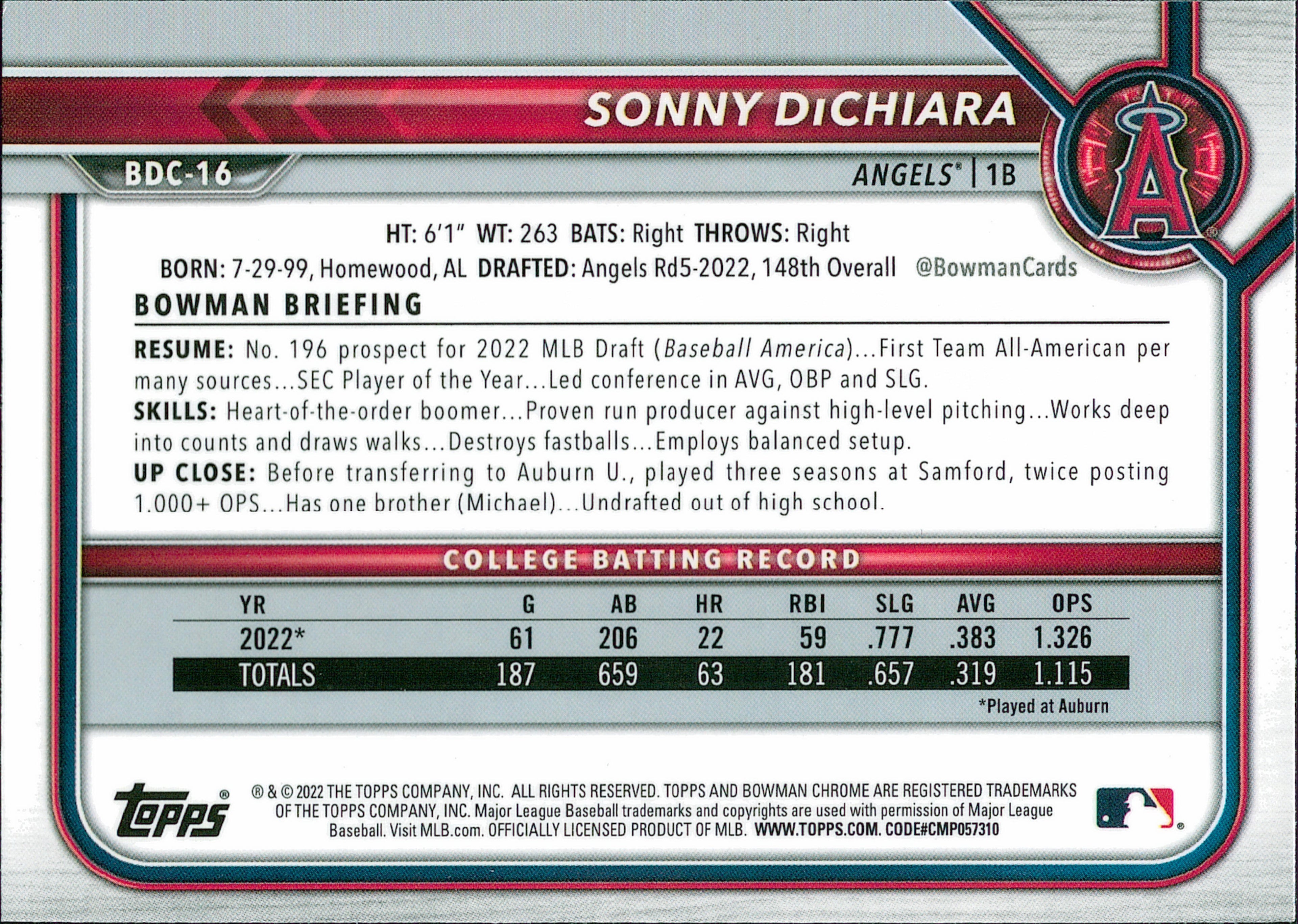 2022 Bowman Draft Chrome #BDC-16 Sonny DiChiara Los Angeles Angels