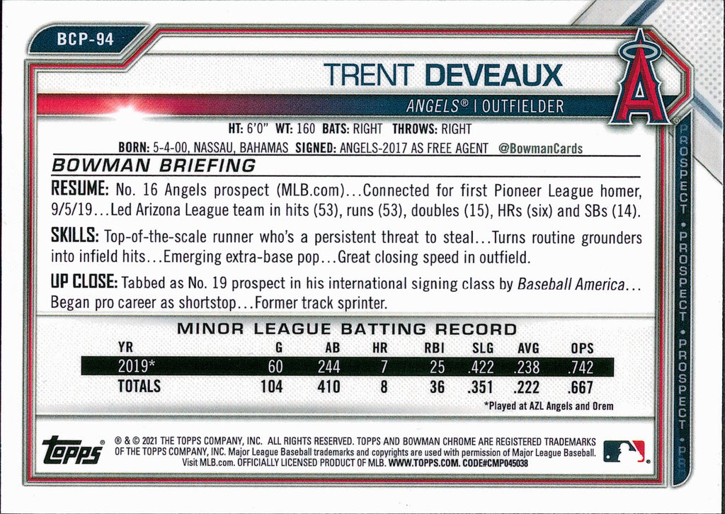 2021 Bowman Sapphire Edition #BCP-94 Trent Deveaux Los Angeles Angels