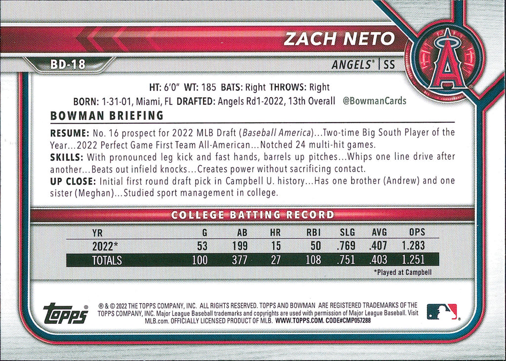 2022 Bowman Draft #BD-18 Zach Neto Los Angeles Angels