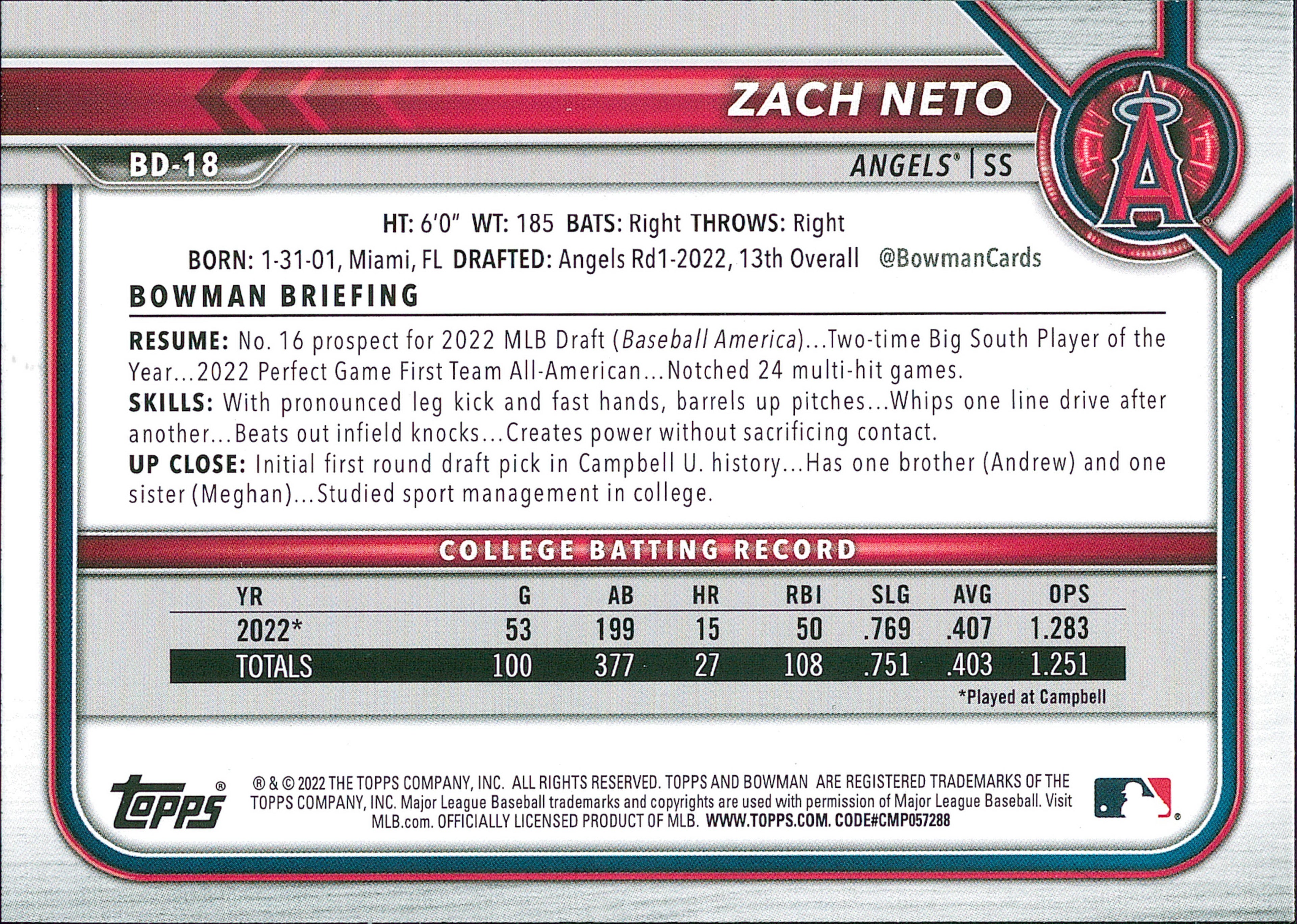 2022 Bowman Draft #BD-18 Zach Neto Los Angeles Angels